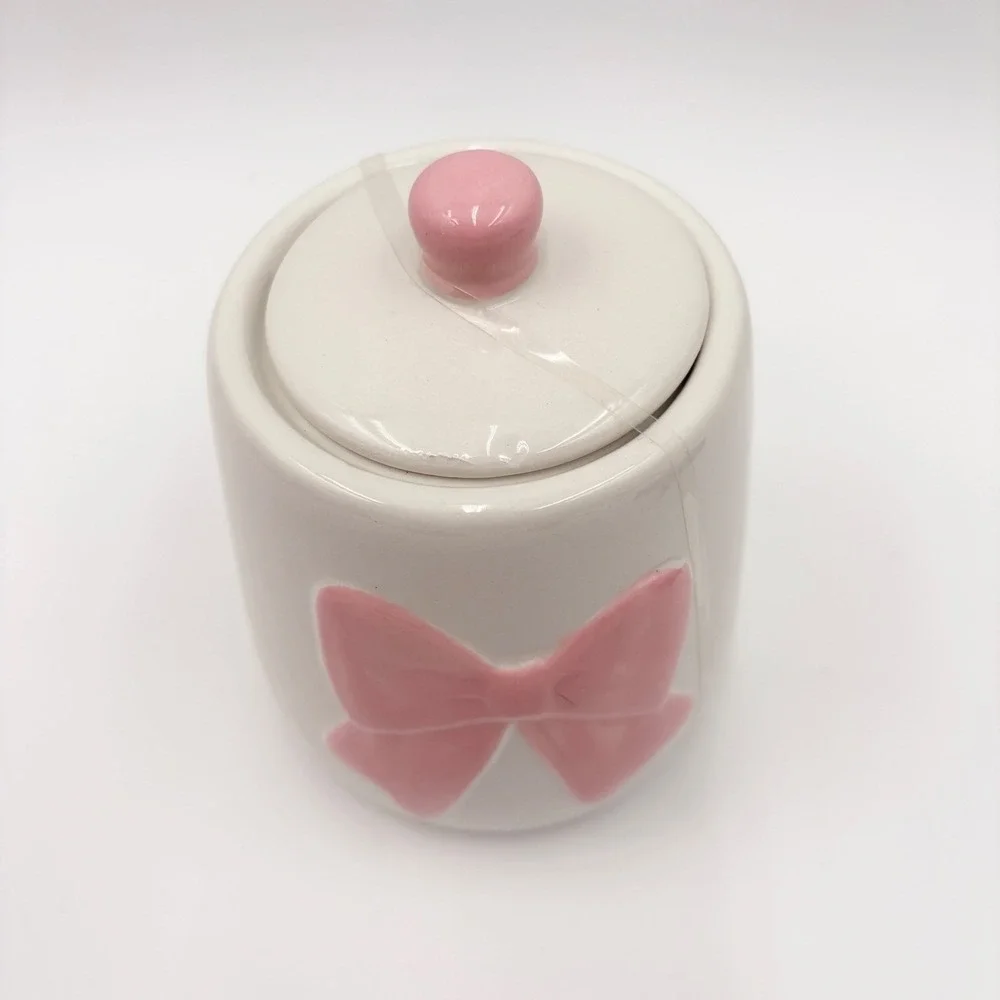 White Ceramic Bow Canister Pink Embossed Ribbon Lid Jar Coquette‎ Decor